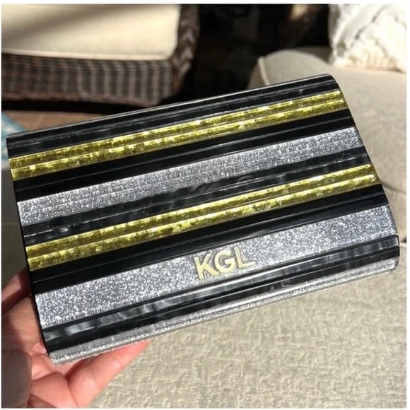 KURT GEIGER NWT BLACK MOTHER OF PEARL  glitter Party clutch on chain black - Picture 12 of 15